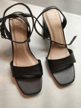 a new day Black Square-Toe Block Heel Sandals with Ankle Straps
